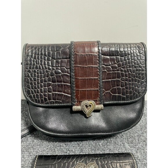 Vintage One World Brighton ChocBrown Croc-Embossed & Black Leather Crossbody Bag - Picture 2 of 12